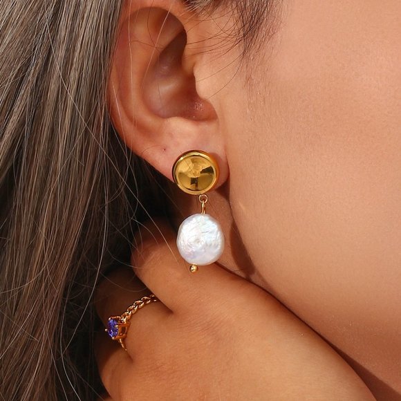 18K Gold Plated Round Stud Fresh Water Pearl Drop Earrings Stainless Steel - Picture 3 of 8